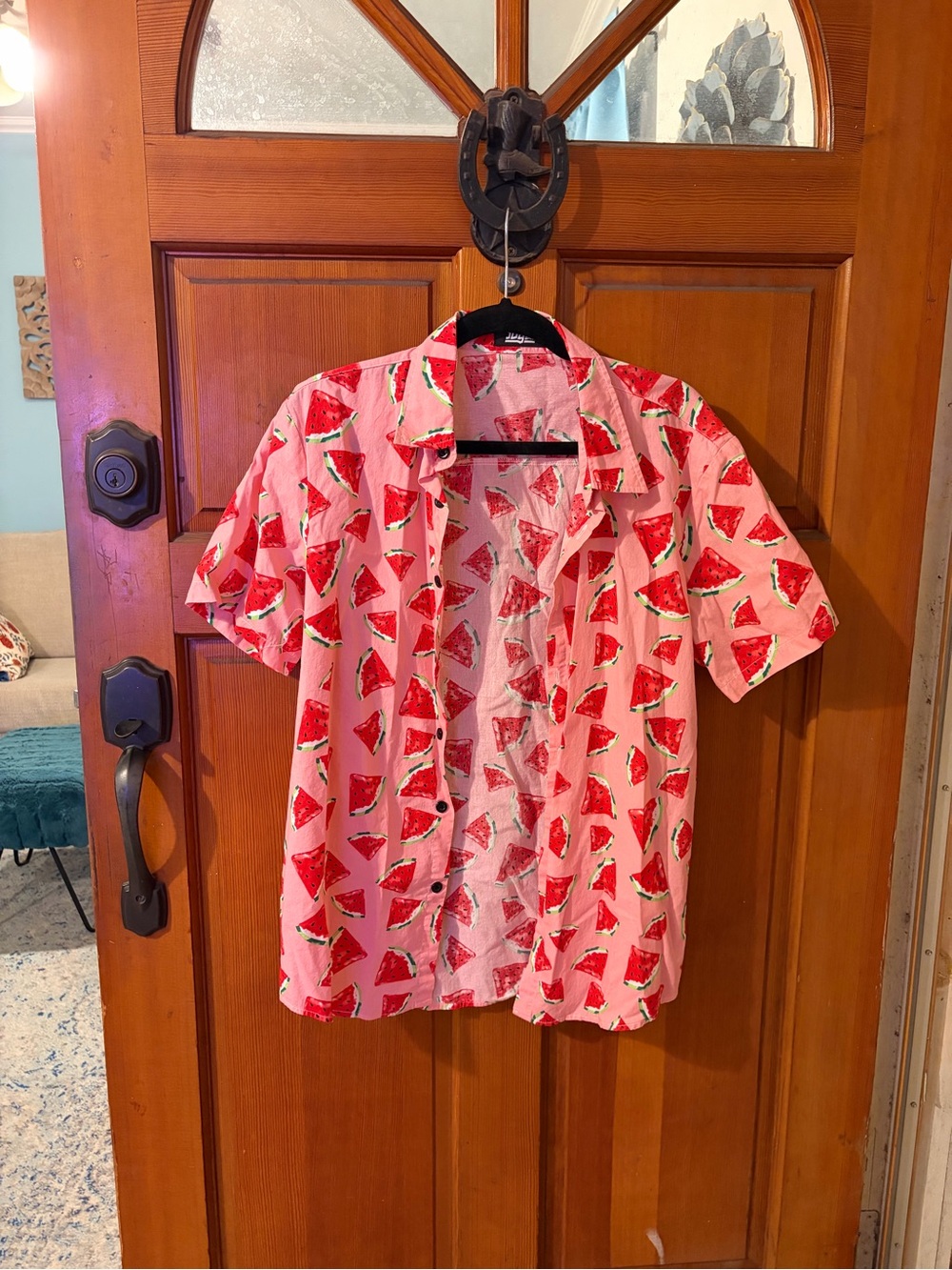 Men's Pink Short-Sleeve Button-Down Shirt with Watermelon Print
